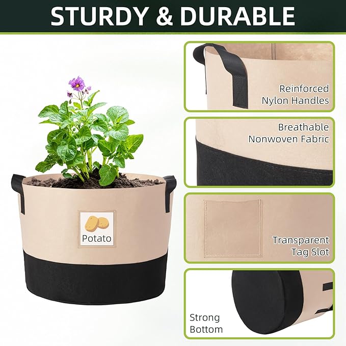 LITLANDSTAR 5 Gallon Fabric Grow Bags, 10 Pack Heavy Duty Thickened Nonwoven Plant Grow Bags with Handles and Label Bags, Fabric Plant Pots for Growing Vegetables Flowers Herbs (Black Mixed Camel)