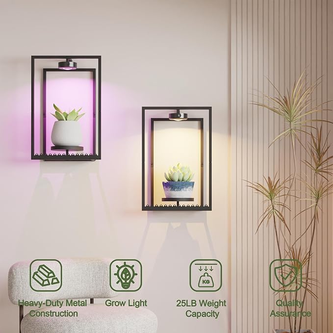 Starxing Wall Plant Shelf with Grow Lights, Remote Control Indoor Plant Holder Stand for Hanging Planters, Modern Framed Wall Decor for Living Room, Home S-2PK