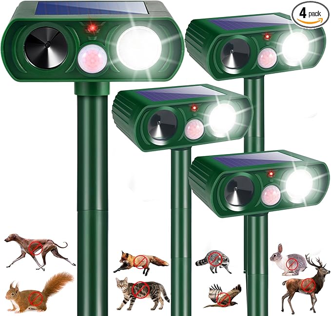 4 Pack Solar Ultrasonic Cat Deer Dog Possum Skunk Rodent Repellent Keep Pest Away Motion Activated with Flash Light for Yard Garden,IP65 Waterproof Squirrel Racoon Fortress Pro Animal Repeller Outdoor