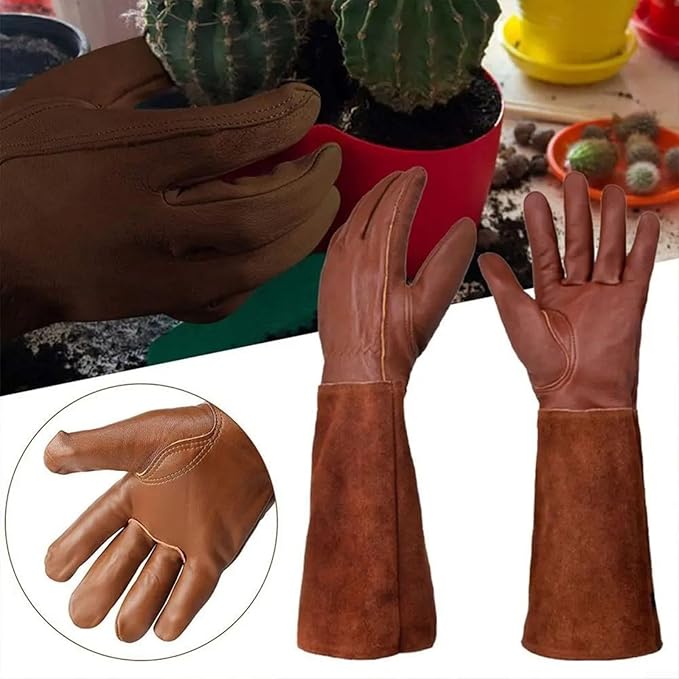 Thorn-Proof Leather Garden Gloves Long Forearm Split Cowhide Goatskin Padded Palm For Men And Women Pruning Roses Yard Work(M)