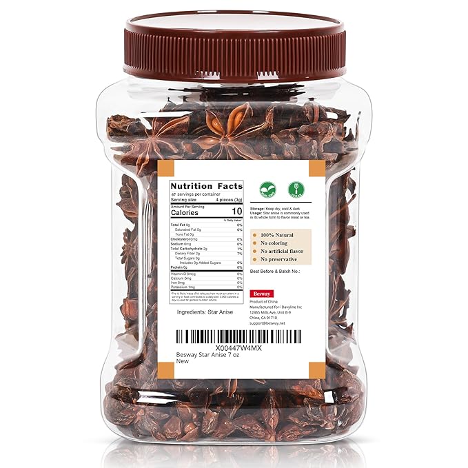 Besway Chinese Star Anise 7 oz, Whole Star Anise, Fresh, Pure and Dried Anise Pods, Great for Cooking, Baking and Tea (200g)