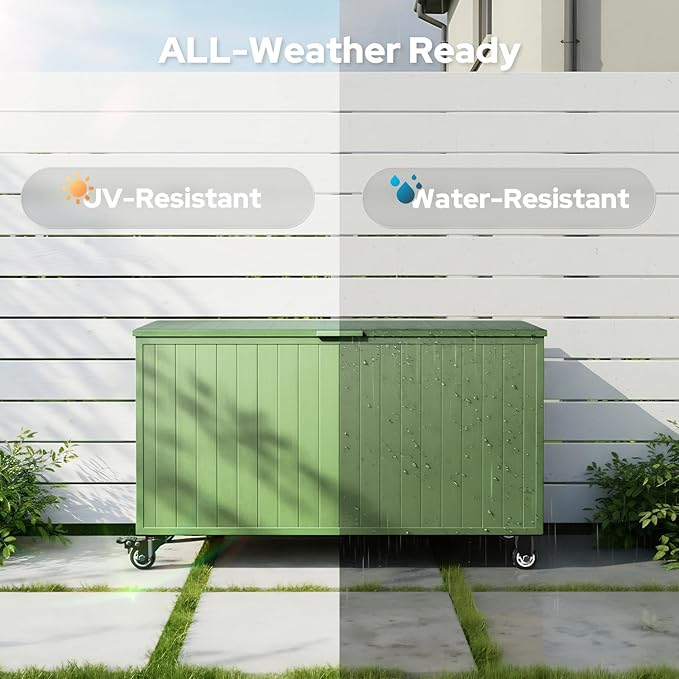 Outdoor Storage Deck Box with Wheels 150 Gallon, Aluminum Deck Boxes Outdoor Waterproof, Patio Storage Box for Home/Backyard/Pool Chemicals/Toys/Garden Tools/Porch/Patio Cushions (Green)