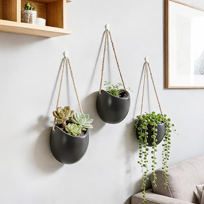 Set of 3 Ceramic Wall Hanging Pocket Planters for Small Plants & Artificial Greenery, Wall Decor for Bathroom Living Room Kitchen Bedroom Corridor Office