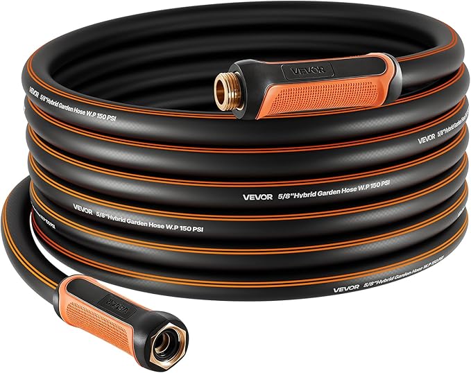 VEVOR Garden Hose, 50 ft 5/8" Heavy Duty 4-Layer Rubber Water Hose, 150PSI Working & 600PSI Burst, Flexible & Non-kink Outdoor Waterhose with 3/4" Fitting, Lightweight Hoses for Gardening Cleaning