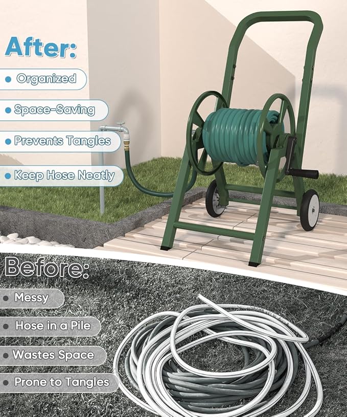 Garden Hose Reel Cart with Wheels, Holds 165 ft of 5/8’’ Hose Outdoor Heavy Duty Powder-coated Steel Water Storage Winder Holder with 3.9 Ft Leader Hose for Outside Lawn Yard, Green
