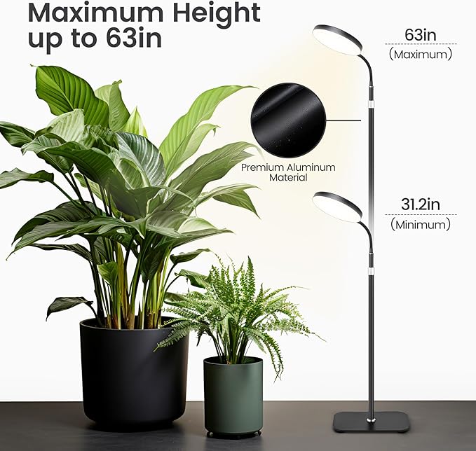 20W Full Spectrum Grow Light for Indoor Plants, 63" Adjustable Floor Lamp with Gooseneck, 4000K Natural Sunlike Light, 3/9/12H Auto On/Off Timer, 10-Level Dimmable for Tall & Small Plants