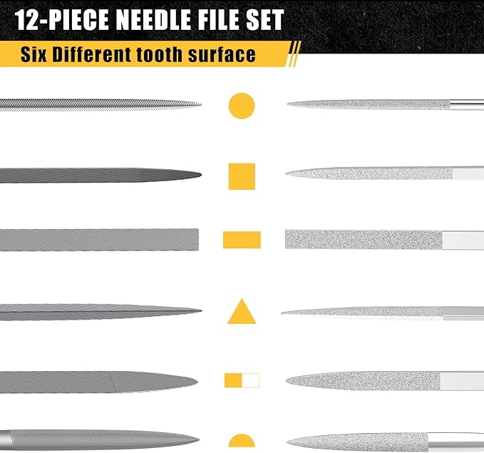 TARIST 12PCS Needle File Set with Tool Bag, Small File Set Includes 6pcs Jewlers Files & 6 Steel Files for Metal, Jewlers, Wood, Leather and Plastic