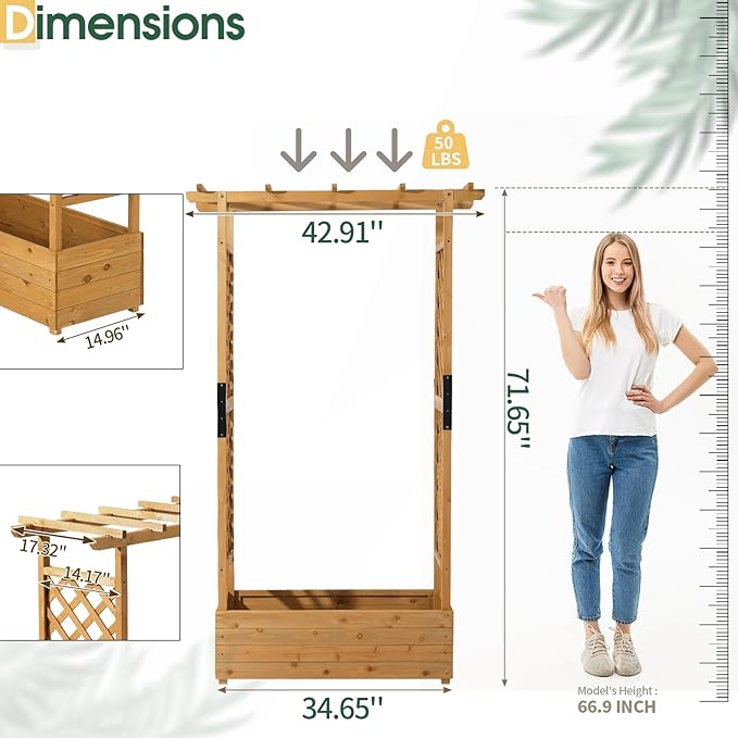VINGLI Raised Garden Bed with Trellis & Hanging Roof, Wooden Garden Bed, Outdoor Planter Box for Yard, Garden, Balcony (Teak Color, Taller)