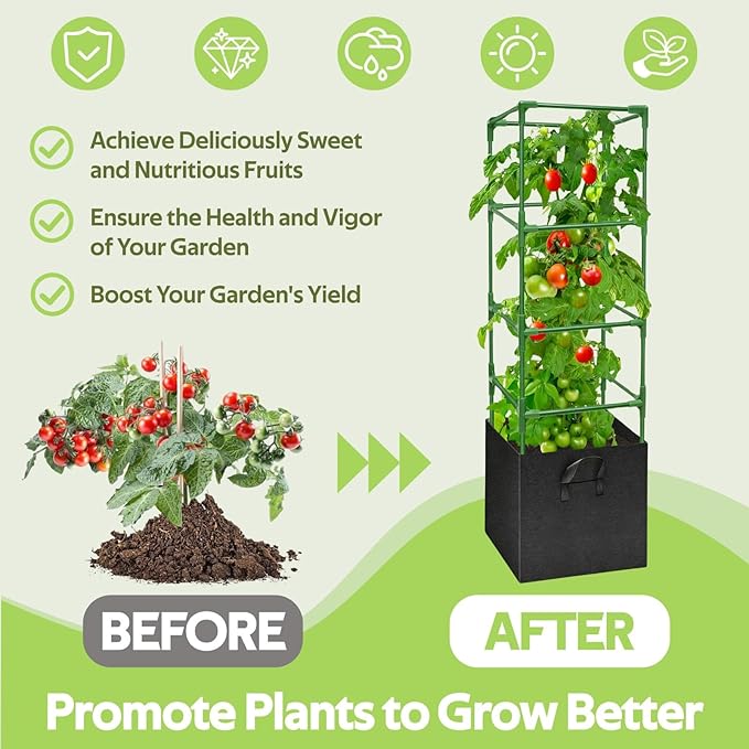 3 Pack Tomato Cages with 17 Gallon Grow Bags - 48 Inch Square Plant Support Trellis Tomato Planter Pots Kit - Garden Stakes for Vertical Climbing Plants Vegetable Flower Fruit Outdoor Indoor