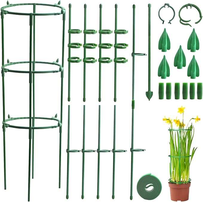 12pcs Multi-Layer Stackable Adjustable Plant Support Stakes Round Cage Holder, 10pcs Plant Support Sticks with Clips, 5pcs Connect Pipes with a Roll Green Ties for Indoor Outdoor Pots Plants