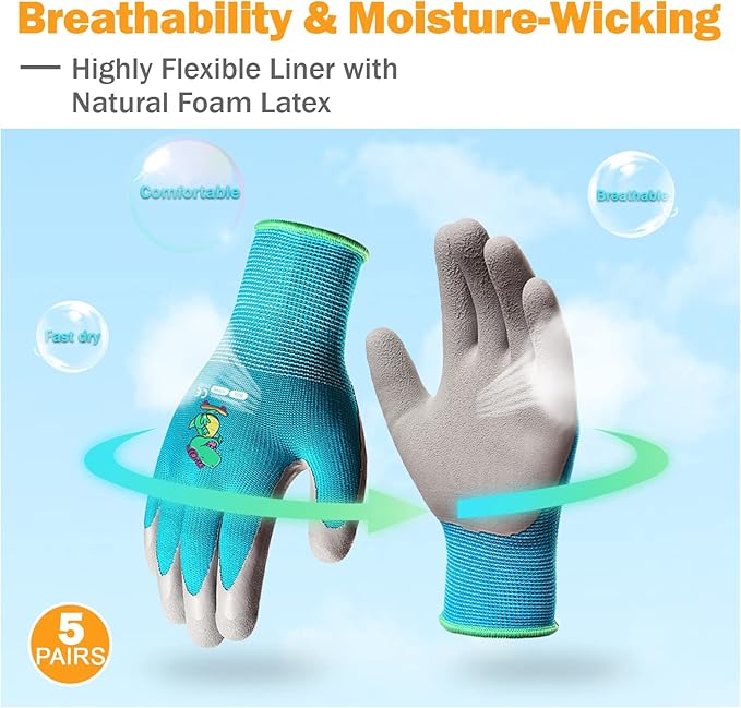 5 Pairs Kids Gardening Gloves Yard Work Gloves Children Soft Safety Rubber Coated Glove for Toddlers Youth Girls Boys Children (3-5yr S)