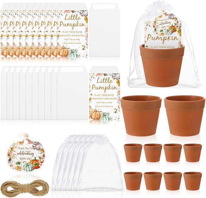 Ctosree 50 Sets Little Pumpkin Baby Shower Party Favors Thanksgiving Baby Shower Seed Packet for Guests Little Pumpkin is on The Way Gifts Self Adhesive Seed Packets Thanks Tag Organza Gift Bag