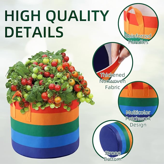 LITLANDSTAR 6 Pack 10 Gallon Grow Bags, Heavy Duty Thickened Colorful Nonwoven Plant Fabric Pots with Handles, Five-Color Tone Garden Plant Bags for Fruits Vegetables Flowers Herb