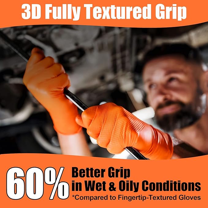 TREEGO Heavy Duty Orange Nitrile Gloves 10 Mil Disposable Rubber Work Gloves - Double Diamond Grip, Mechanic Rubber Gloves for Automotive & Industrial Use, Latex Free, 100 Count Medium