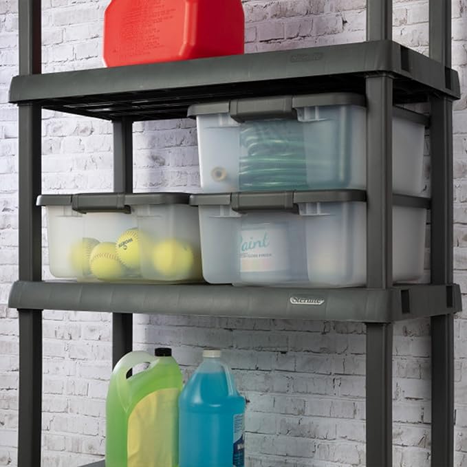 Sterilite 12-Pack ShelfTote, Clear Plastic Storage Bins with Lids, 25 Quart, Gray - Stackable Organizing Container Boxes for Closet, Bathroom, and Office