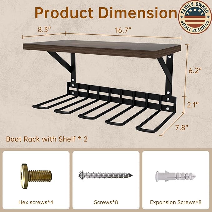 Decoroca Wall Mount Boot Rack, Garden Tool Organizer With 5 Curved Hooks & Wood Shelf, Heavy Duty Wader Boot Hangers Organizer Rack Trays for Outdoor/Indoor, Garden, Garage (2 Pack)