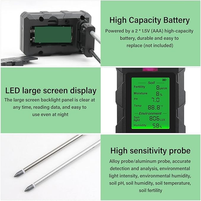 Soil PH Tester,Digital Soil Tester PH/Fertility/Moisture/Sunlight/Air Humidity/Temp Soil PH Meter for Gardening for Garden,and House/Outdoor Plants