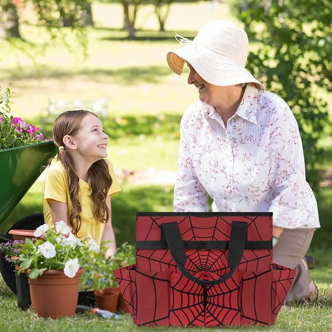 Gardening Tool Bag,Heavy Duty Garden Tote Bag,Portable Oxford Gardening Storage Basket Organizer Handbag with Pockets Handle,Hand Tools Gifts for Outdoor Garden Lawn Spiders Web Red