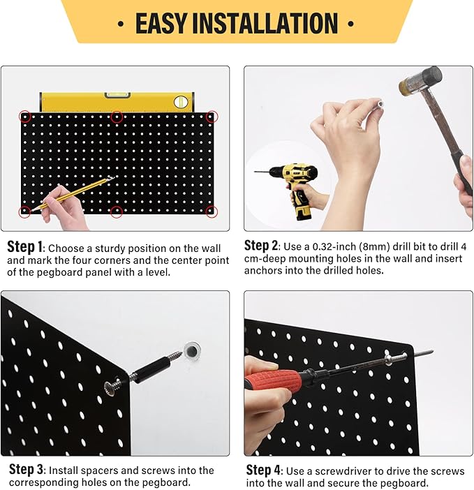 DEWEL Peg Board 2 Pack, 23x12 Inch Metal Pegboard Panels with Hooks, Black Heavy Duty Wall Organizer System for Garage Tool Storage, Workshop, Office and Craft Room（2pcs black）