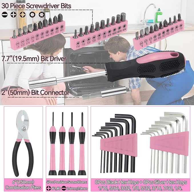 MARTCOLOR 58 Piece Household Tool Set, General Household Hand Tool Kit with Plastic Toolbox Storage Case, All Purpose Household Tool Kit for Women, Girls and Ladies, Pink