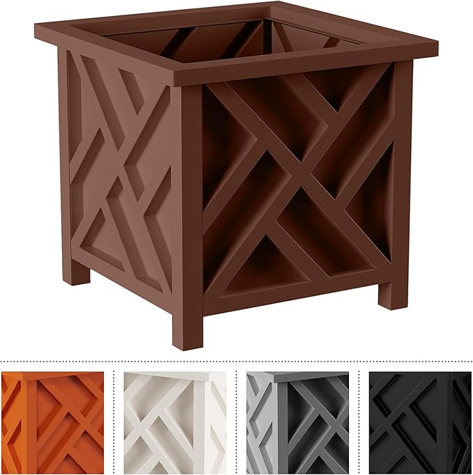 Lattice Design Outdoor Planter Box - 14.75” Square 13” Tall Brown Plant Pot - Decorative Plant Pots for Front Porch Decor - Flower Pots Outdoor Planters for Porch Patio or Garden Decor by Pure Garden