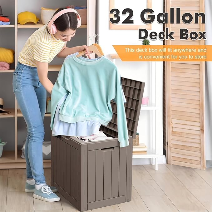 32 Gallon Outdoor Storage Box, Resin Deck Boxes Outdoor Waterproof For Patio Furniture, Garden Tools, Pool Supplies, Lockable And UV Resistant (a Set of 2,Striped Gray)