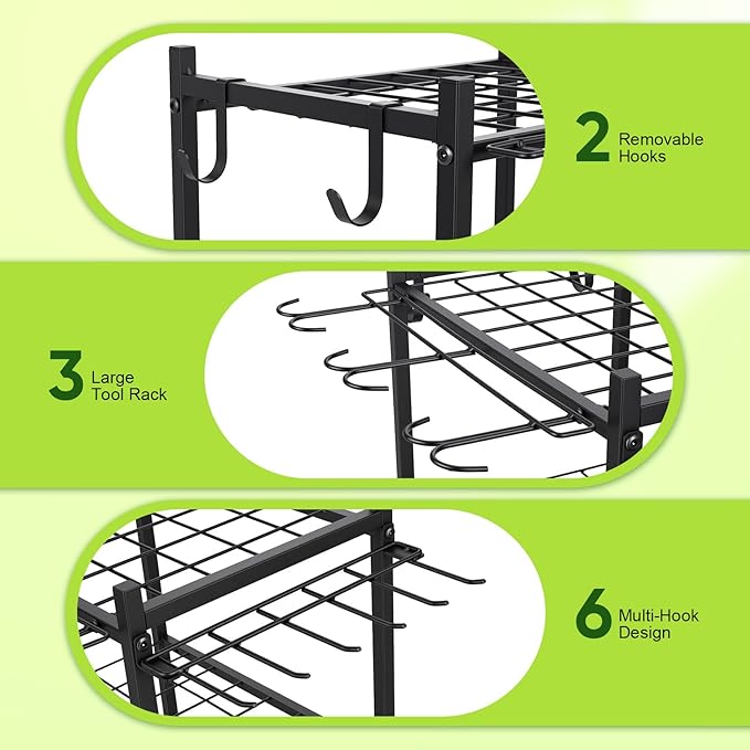 3 Tier Garden Tool Organizer with Wheels, Garden Tool Rack Rack Up to 50 Tools, Heavy Duty Metal Yard Tool Organizer for Garage with Hooks, Freestanding Lawn Tool Shovels for Shed&Outdoor Organization