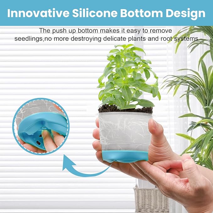 Sckee Clear Nursery Pots for Plants, 30 Packs Plastic Seed Starting Pots with Drainage Holes Plant Nursery Pots Silicone Base (Blue, 4 inch)