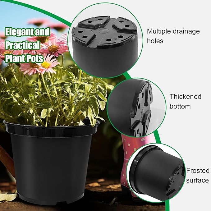 RooTrimmer 5 Gallon 12 Inch Plastic Nursery Pots, Plant Containers with Drainage Holes, Round Sturdy Garden Planters for Indoor/Outdoor Greenery, Gardening Gifts for Women (5-Pack, Black)