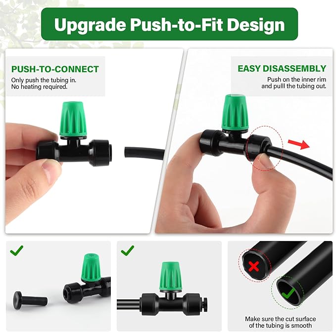 Kalolary 30Pcs Push-to-Fit Drip Irrigation Spray Emitters for 1/4" Tubing,Three-Way Adjustable Atomizing Nozzle Micro Irrigation Dripper Sprinklers with 6PCS End Plugs for Irrigation System(Green)