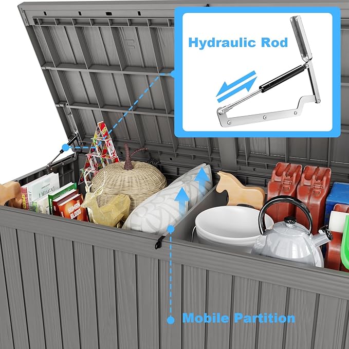 Vixzen 200 Gallon Resin Deck Box, Lockable Outdoor Storage Box for Patio Cushions Storage Furniture,Garden Tools, Pool Supplies, Weatherproof and UV Resistant（Grey，200 Gallon）