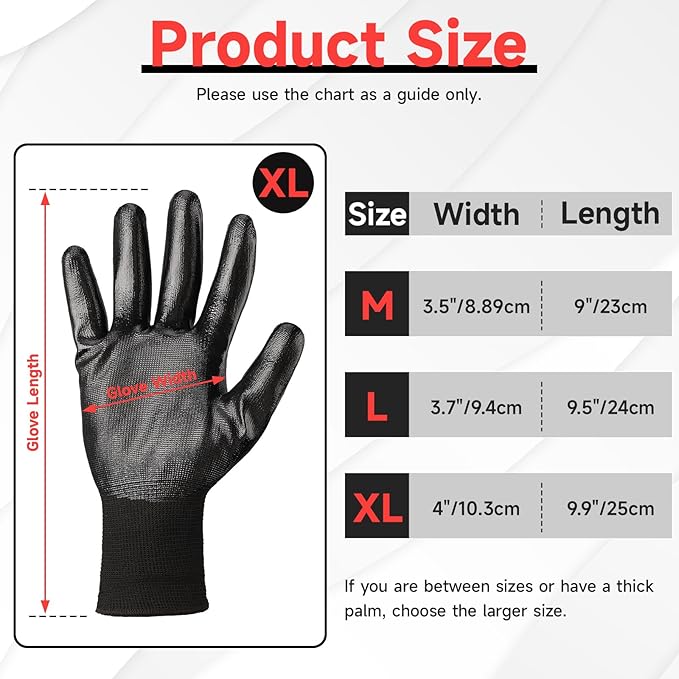 24 Pairs Black Nitrile Coated Work Gloves - Heavy Duty Reusable Working Gloves for Men & Women Working, Gardening, Fishing, Climbing, Warehouse, Extra Large Firm Grip Work Gloves