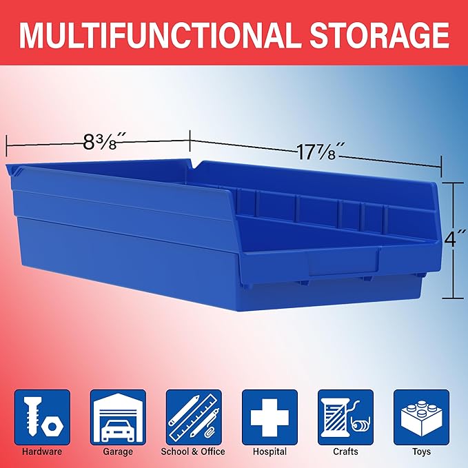 Akro-Mils 30158 Plastic Shelf Bins, Heavy Duty Storage Bins for Garage, Closet, and Drawer Organization, 18-Inch x 8-Inch x 4-Inch, Blue, 12-Pack