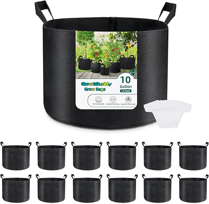 GreatBuddy 10 Gallon Grow Bags 12-Pack, Thick Fabric Pots for Plants, Sturdy Handles & Reinforced Stitching, Labels Included, Black