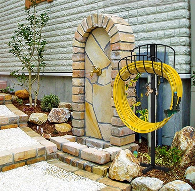 Freestanding Garden Hose Holder Stake with Brass Faucet, Heavy Duty Metal Water Pipe Storage Stand Rack for Outdoor