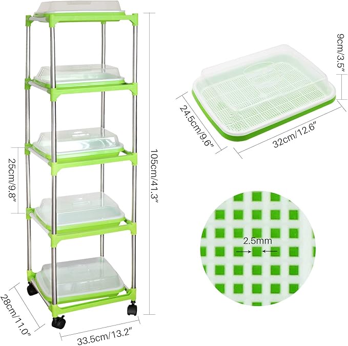 5 Layers Seed Starter Kit - Seed Sprouter Trays with Clear Lid & Stainless Steel Shelf, Soil-Free Germination Trays for Indoor/Outdoor Microgreens, Wheatgrass Mung Beans Cat Grass & Seedling Growing