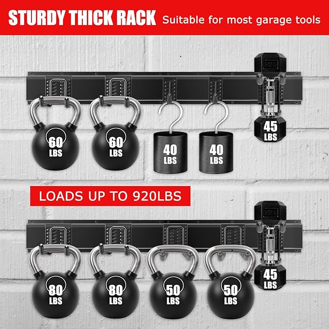 Heavy Duty Garage Tool Organizer Wall Mount, 64" Industrial Carbon Steel Storage Rack, 920LB Load Capacity, 12 Sliding Hooks for Garden Tools, Shovel, Rake, Ladder & Power Tools (4x16 Panels)