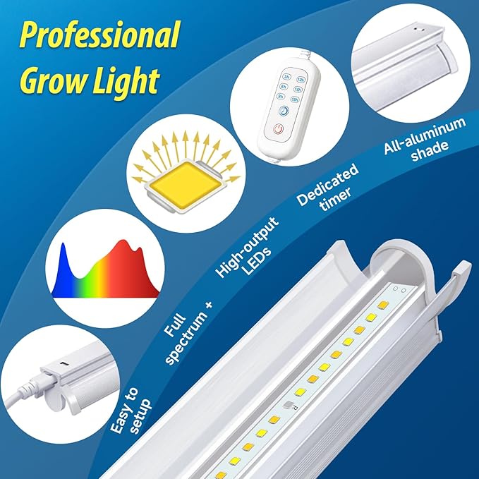 T5 Grow Lights for Indoor Plants with Timer, 16 Inch LED Light Bar 10W×4, Full Spectrum Plant Light for Indoor Growing, for Shelf/Rack