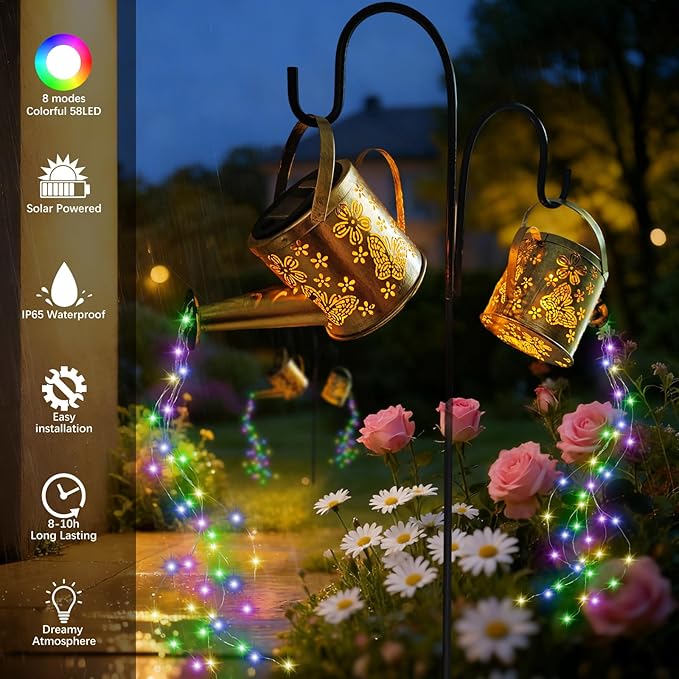 DDQ 2PC Solar Watering Can Lights for Outside, Colors 58 LED Solar Garden Lights with Shepherds Hook,IP65 Waterproof Auto On/Off for Yard Decorations Outdoor Garden, for Mom Holiday Gift