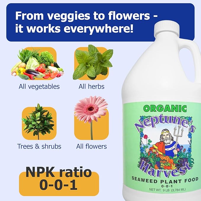 Neptune’s Harvest Seaweed Plant Food (0-0-1) - 1 Gallon Bottle - Multi-Purpose Seaweed Organic Liquid Fertilizer - Indoor & Outdoor Fertilizer for Lawns, Gardens, Vegetables, and Flowers