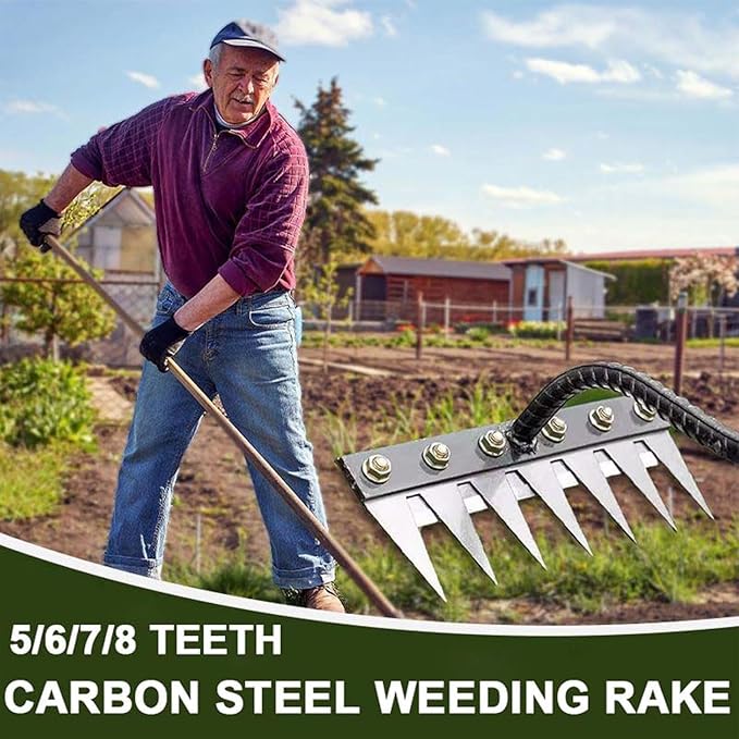 Gardenia Iron Rake 2.0 with 8 Teeth for Versatile Weeding and Gardening, Heavy-Duty Carbon Steel Handle Ideal for Landscaping, Lawn Care, and Soil Cultivation