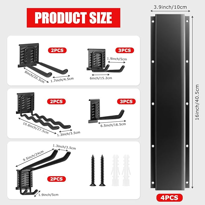 Heavy Duty Garage Tool Organizer Wall Mount, 64" Industrial Carbon Steel Storage Rack, 920LB Load Capacity, 12 Sliding Hooks for Garden Tools, Shovel, Rake, Ladder & Power Tools (4x16 Panels)