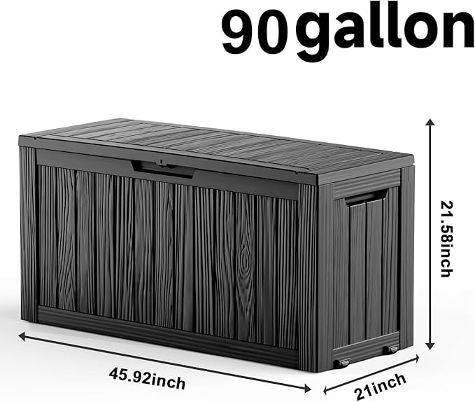 EasyUp 90 Gallon Outdoor Storage Box, Outdoor Deck Boxes for Garden Tools Equipment,Cushions and Patio Storage,Lockable and Resin,Easy to Install(Black)