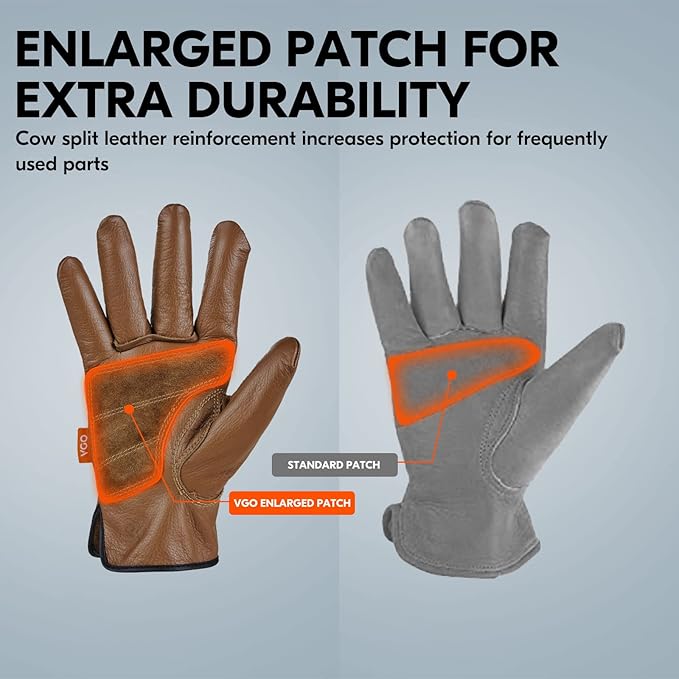 Vgo... 1Pair 0℃/32°F Winter Cow Grain Leather Work Gloves, Cold Weather Waterproof Safety Work Gloves(Size L,Brown,CA9597FLWP)