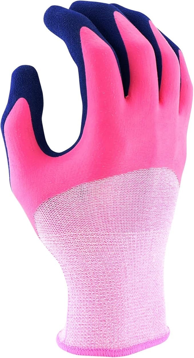 Miracle Gro Women's Double Dipped Sandy Foam Latex Gardening Work Gloves, Water Resistant, Excellent Grip, Pink/Purple, Small