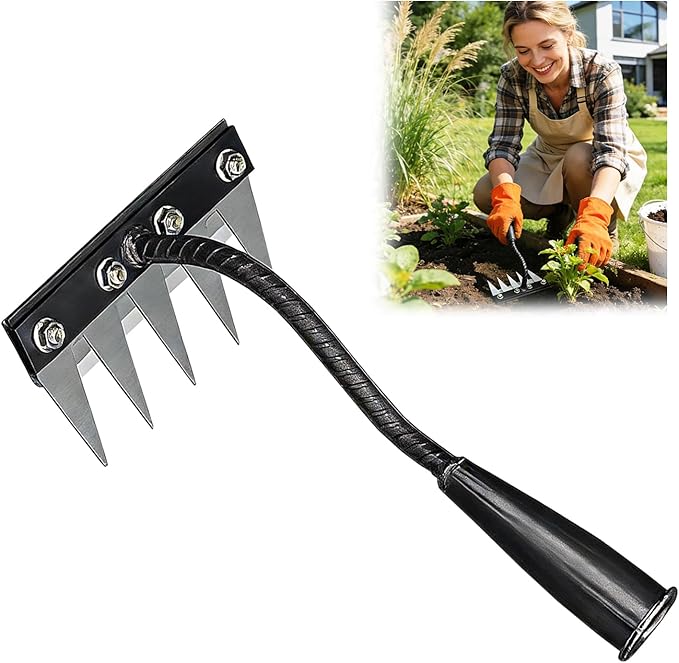 Carbon Steel Garden Hand Rake, Garden Hand Rake Tool, Iron Weeding Rake 2.0, Iron Rake for Yard Lawn and Garden, Heavy-Duty Gardens Hand Weeder Puller Tool for Gardening and Weedings(5 Teeth)