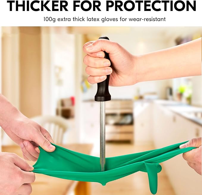 Vgo... 1-Pair Reusable Household Gloves, Rubber Dishwashing gloves, Extra Thickness, Long Sleeves, Kitchen Cleaning, Working, Painting, Gardening, Pet Care (Size L, Green, HH4601)