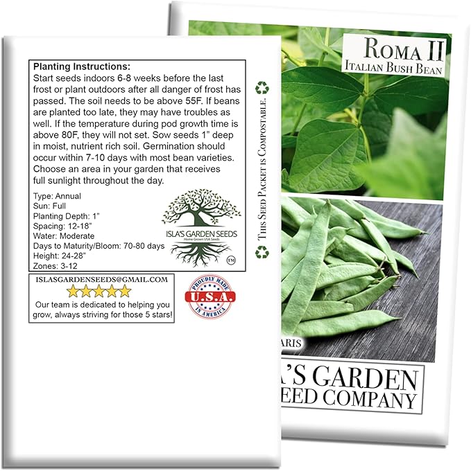 Roma II Italian Bush Bean Seeds (Phaseolus vulgaris) – 30+ Heirloom Non GMO Seeds by Isla’s Garden Seeds – Delicious Flat Green Pods for Home Vegetable Gardens, Easy to Grow Bush Beans, Gift Idea