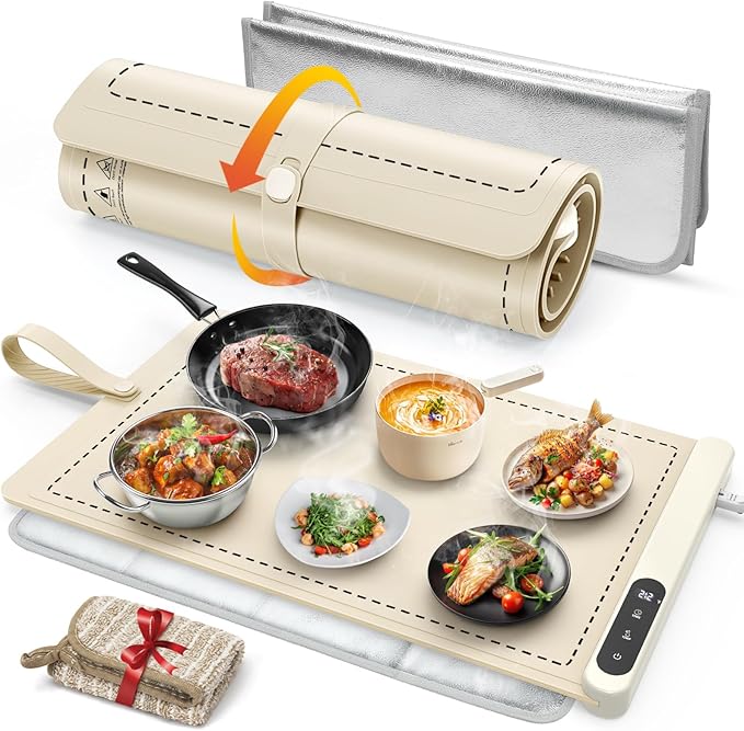 FYY Warming Mat for Food with Heat Resistant Pad, Prevent Countertop Cracks, Keep Meal Warm, Rapid and Full Surface Heating, 6 Temp Settings, 6H Timer, Upgraded Rollable Portable Food Warmer Mat Beige