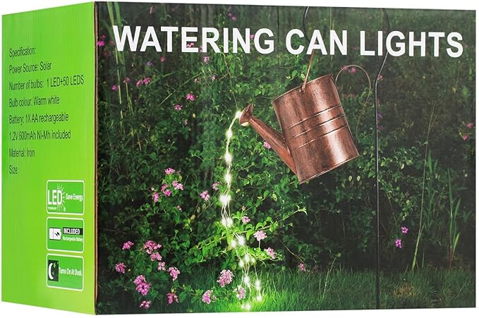 Solar Watering Can with Cascading Warm White Fairy Lights Outdoor Garden Decor Waterproof Metal Fountain Yard Patio Lawn Ornament